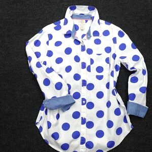 St John's Bay Oversized Cotton Shirt Polka Dot Preppy Women Size S White Blue